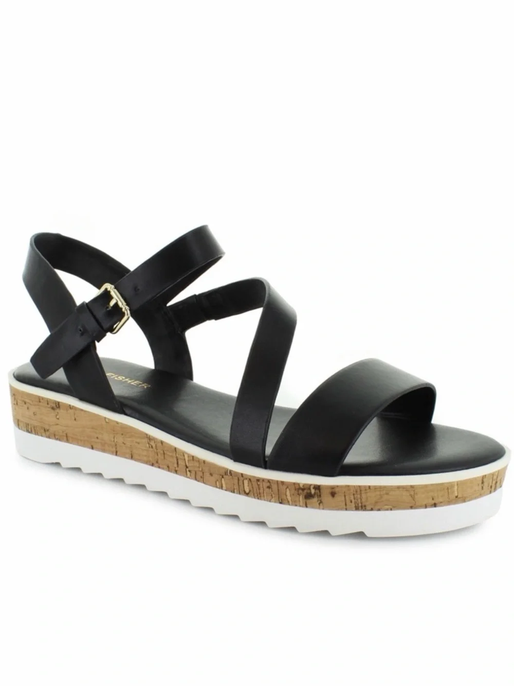Marc Fisher Grandie Cork Platform Strappy Wedge Sandals Buckle Black 7.5 NEW - Picture 1 of 16